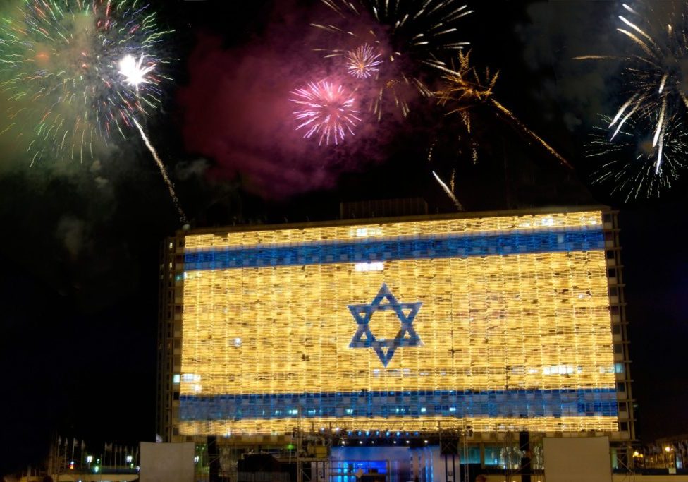 Tel Aviv City Hall is lit-up as Israel celebrates its Independence Day (Image: Alamy)