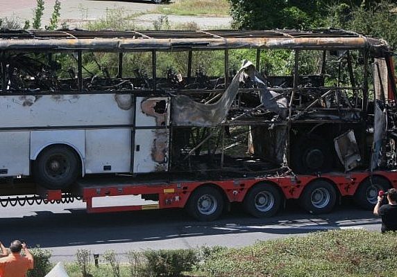 Aftermath of the Hezbollah bus bombing against Israeli tourists in Burgas, Bulgaria, in July 2012 (AP/Impact Press Group)