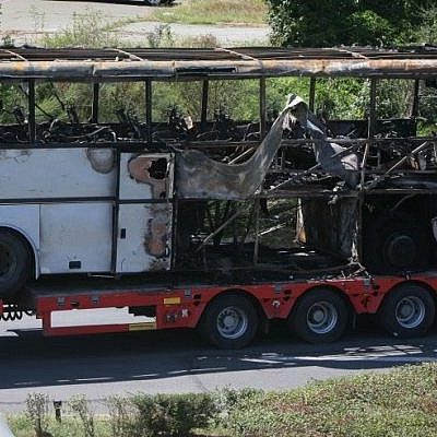 Aftermath of the Hezbollah bus bombing against Israeli tourists in Burgas, Bulgaria, in July 2012 (AP/Impact Press Group)