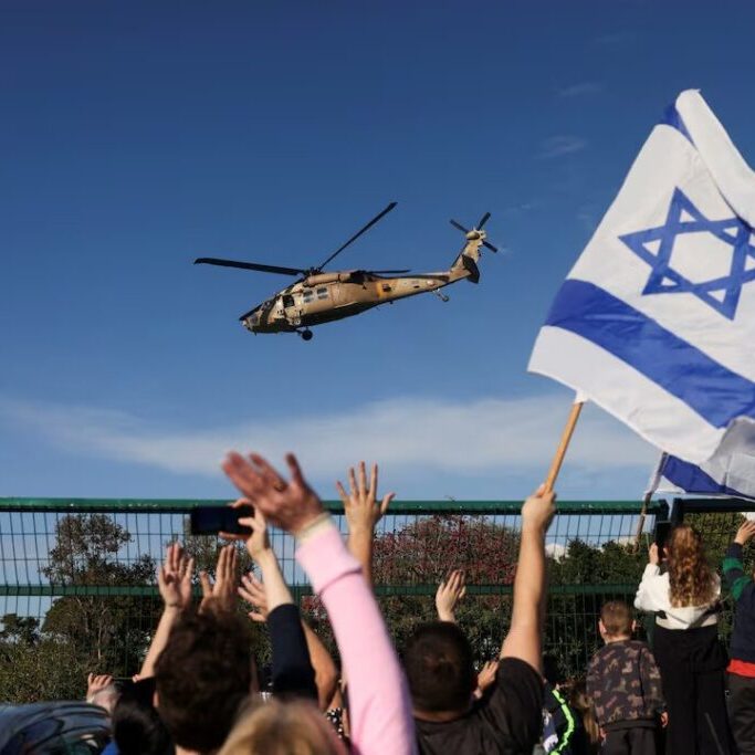 An Israeli helicopter bearing released hostages prepares to land (Image: X)