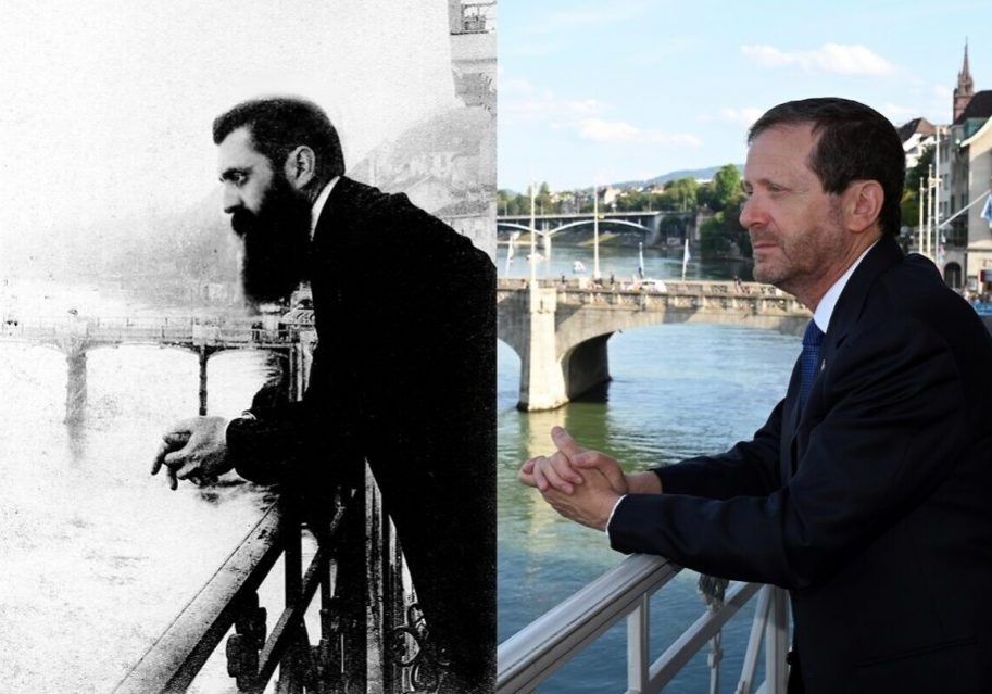 Israeli President Isaac Herzog re-enacts a famous pose by Theodor Herzl from the Congress at which he founded the Zionist movement in Basel in 1897 (Image: IGPO)