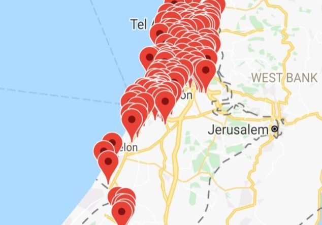 A map of Israel showing the red alert sirens indicating to civilians that a barrage of rockets has been fired towards them.