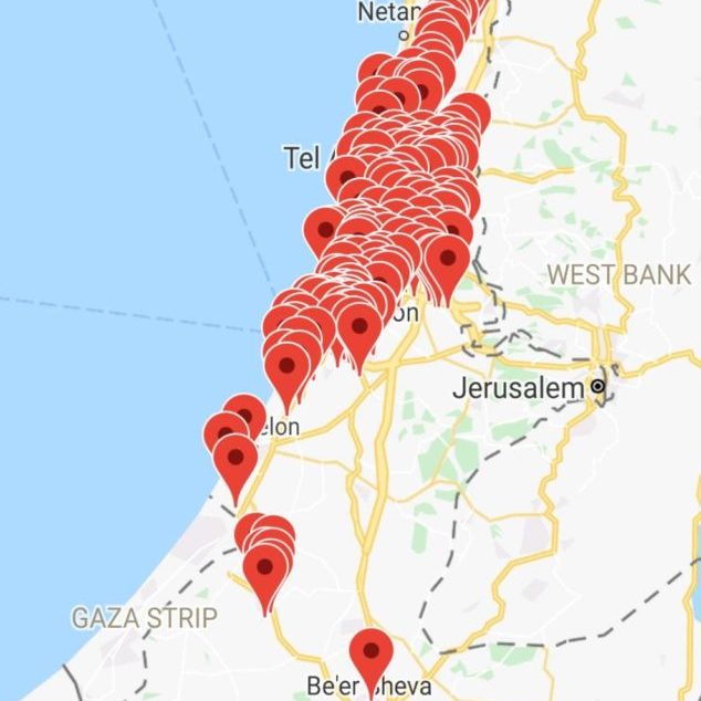 A map of Israel showing the red alert sirens indicating to civilians that a barrage of rockets has been fired towards them.
