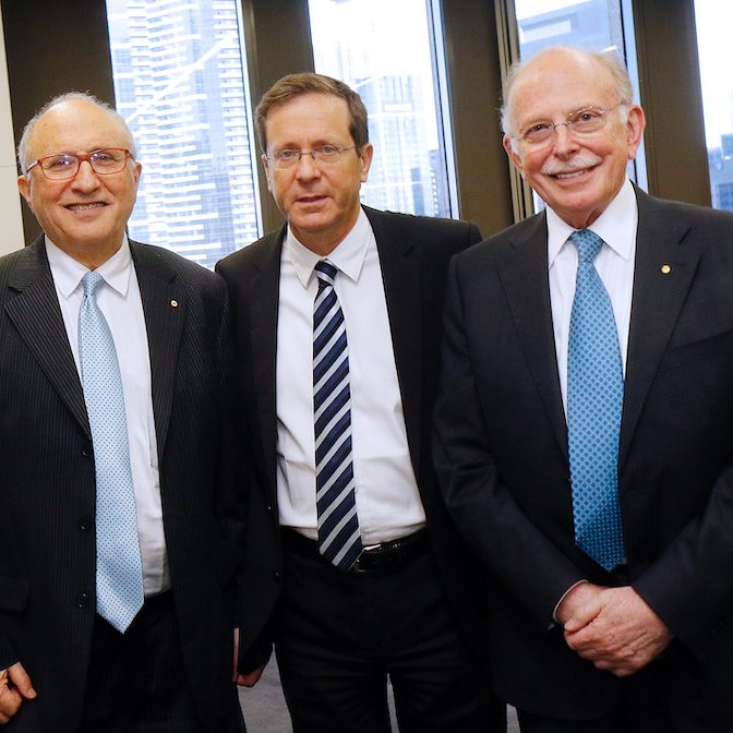IMG 6168 Crop New Israeli President Isaac Herzog with AIJAC's Dr Colin Rubenstein AM and Mark Leibler AC in 2018
