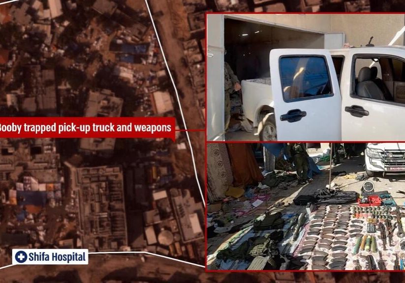 Booby-trapped pickup truck loaded with weapons found beside a terror tunnel in Gaza City’s Al-Shifa Hospital complex (Image: IDF)