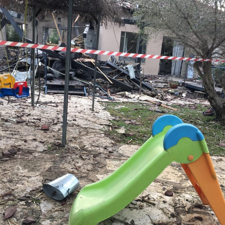 The yard of a family home in Mishmeret struck by rockets from Gaza/