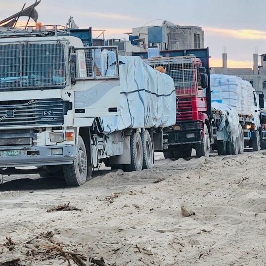 Picture 1 A convoy of trucks carrying aid into northern Gaza (Image: IDF)