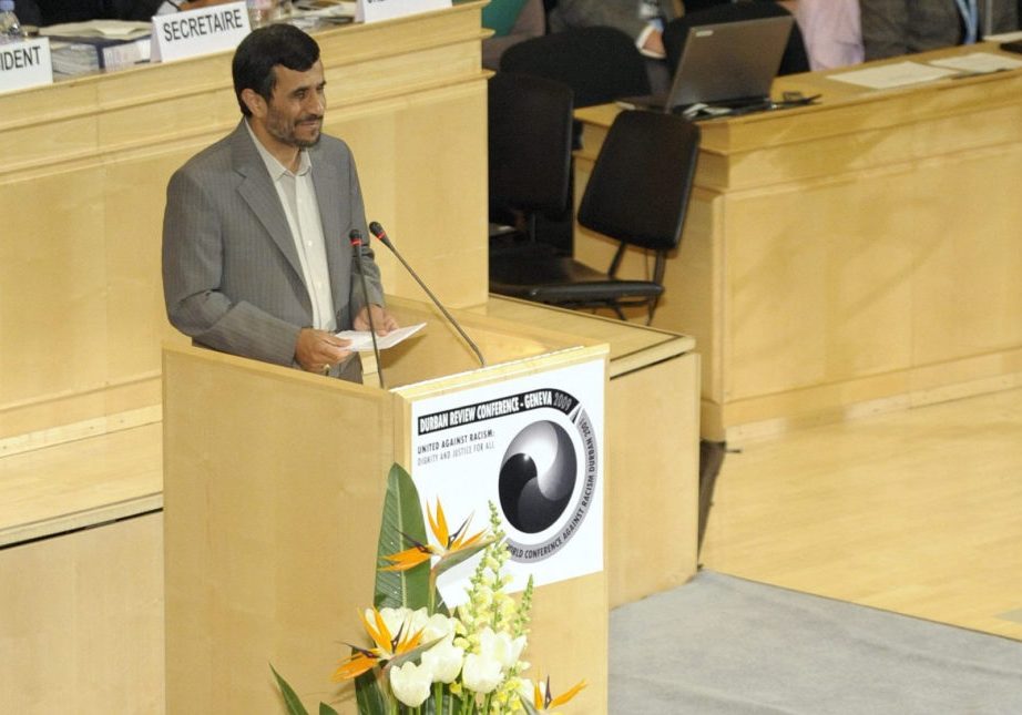 Then-Iranian President Mahmoud Ahmadinejad during the opening of the Durban Review Conference (UN's Conference against Racism) at the European headquarters of the United Nations in Geneva, 2009. (Credit: AP Photo/Laurent Gillieron)