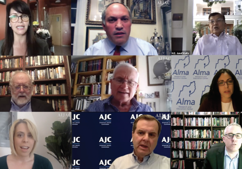 AIJAC webinar guests (left to right, top to bottom): Einat Wilf, Michael Rubin, Jusuf Kalla, Walter Russell Mead, Eran Lerman, Sarit Zehavi, Emily Schrader, David Harris, Jonathan Schanzer