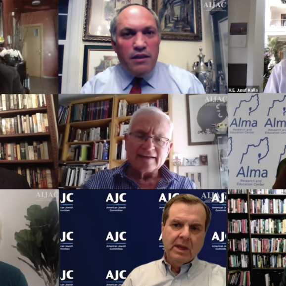 AIJAC webinar guests (left to right, top to bottom): Einat Wilf, Michael Rubin, Jusuf Kalla, Walter Russell Mead, Eran Lerman, Sarit Zehavi, Emily Schrader, David Harris, Jonathan Schanzer