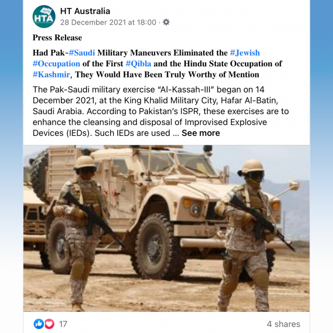 A Hizb ut-Tahrir Australia Facebook post implying Pakistan should use its nuclear weapons on Israel