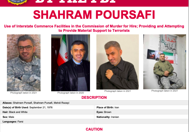 FBI Wanted Poster for Shahram Poursafi, the IRGC operative behind the plot to kill former US National Security Advisor John Bolton