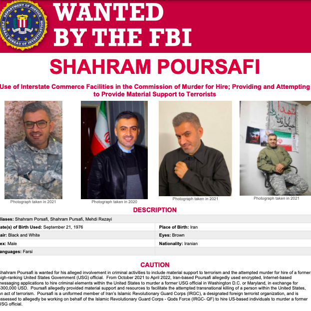 FBI Wanted Poster for Shahram Poursafi, the IRGC operative behind the plot to kill former US National Security Advisor John Bolton