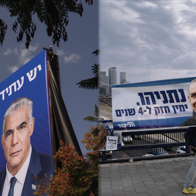 Posters for leading party candidates Yair Lapid  and Binyamin Netanyahu on display as Israel nears its national election (Images: Oded Balilty/AAP)