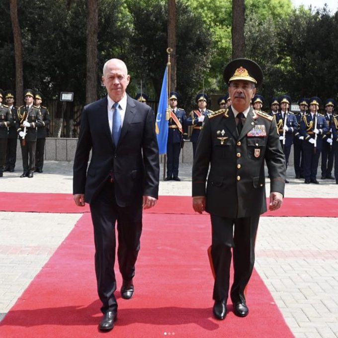 Israeli Defence Minister Yoav Gallant with his Azerbaijani counterpart Zakir Hasanov in Baku (Image: Embassy of Israel, Azerbaijan)