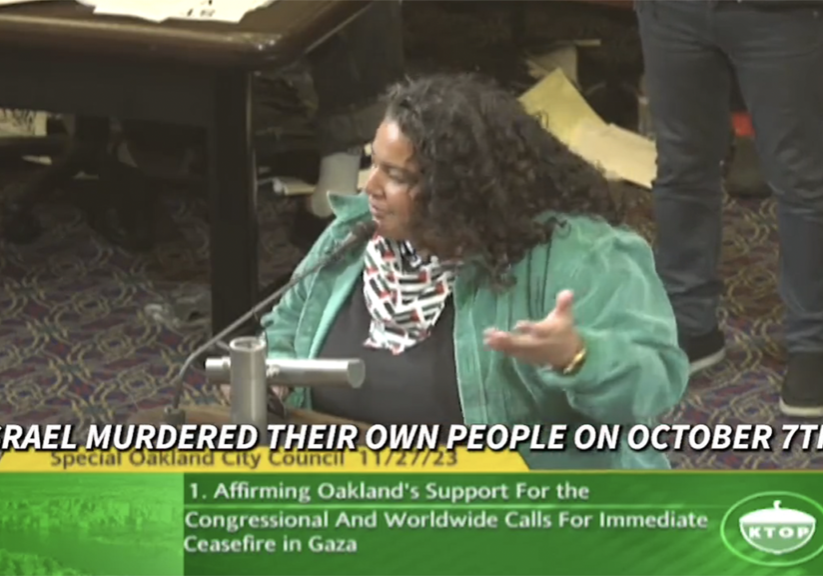 A conspiracy theorist who claimed that "Israel murdered their own people on Oct. 7" at the Nov. 27 meeting of the Oakland City Council, as seen in a video of extreme comments from the meeting that went viral (Screenshot/X-@SFJCRC)