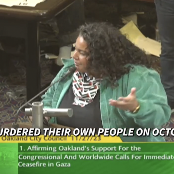 A conspiracy theorist who claimed that "Israel murdered their own people on Oct. 7" at the Nov. 27 meeting of the Oakland City Council, as seen in a video of extreme comments from the meeting that went viral (Screenshot/X-@SFJCRC)