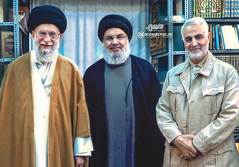 Iran's Supreme Leader Ali Khamenei (left), Hezbollah Secretary-General Hassan Nasrallah and the late commander of the IRGC's Qods Force Qassem Soleimani