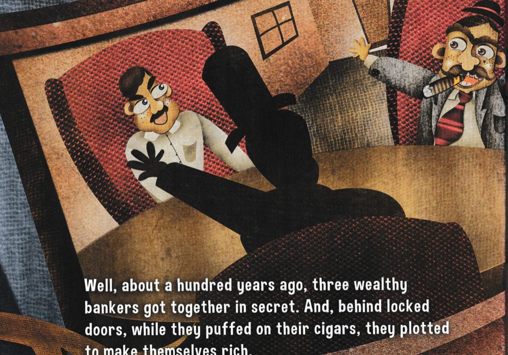 A page promoting a traditional conspiracy theory about bankers from the book "The Big Fat Bank"