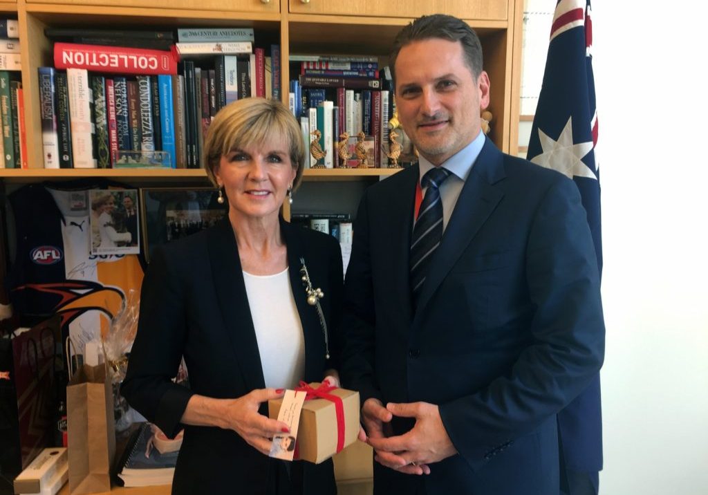 UNRWA Commissioner-General Pierre Krähenbühl with then Australian Foreign Minister Julie Bishop in Canberra in 2015