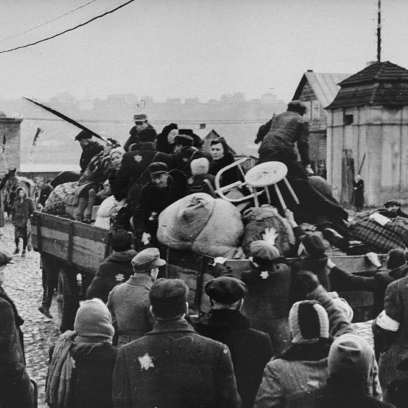 Jews in the Kovno ghetto in Lithuania are boarded onto trucks during a deportation action to a work camp c. 1942 (Image: US Holocaust Memorial Museum)
