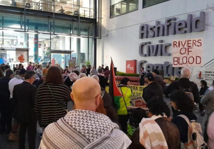 A Greens-led pro-Palestine protest led to the police being called to a council meeting in Sydney after a motion to boycott Israel was rejected (Image: GreenLeftOnline/X)