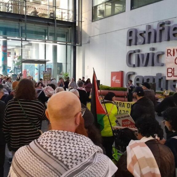 A Greens-led pro-Palestine protest led to the police being called to a council meeting in Sydney after a motion to boycott Israel was rejected (Image: GreenLeftOnline/X)