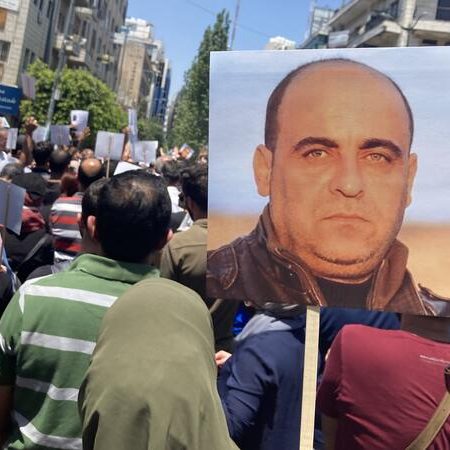 Protesters in Ramallah with pictures of Nasir Banat, who was killed in police custody on June 24 (Photo: Amnesty International)