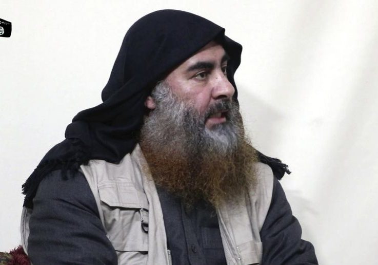 Islamic State leader Abu Bakr al-Baghdadi, being interviewed by his group’s Al-Furqan media outlet, in a video released on April 29, 2019 (Al-Furqan media via AP). 