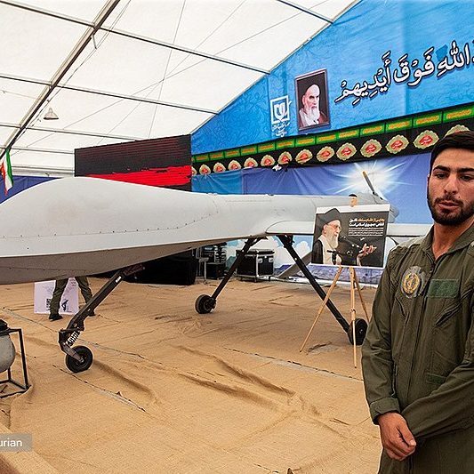 The Iranian Islamic Revolutionary Guard Corps showcasing drones at a show titled "Hunting Vultures" in 2019. The drone shown appears to be a captured Israeli or Azerbaijani "Hermes". (Photo: Wikimedia Commons)