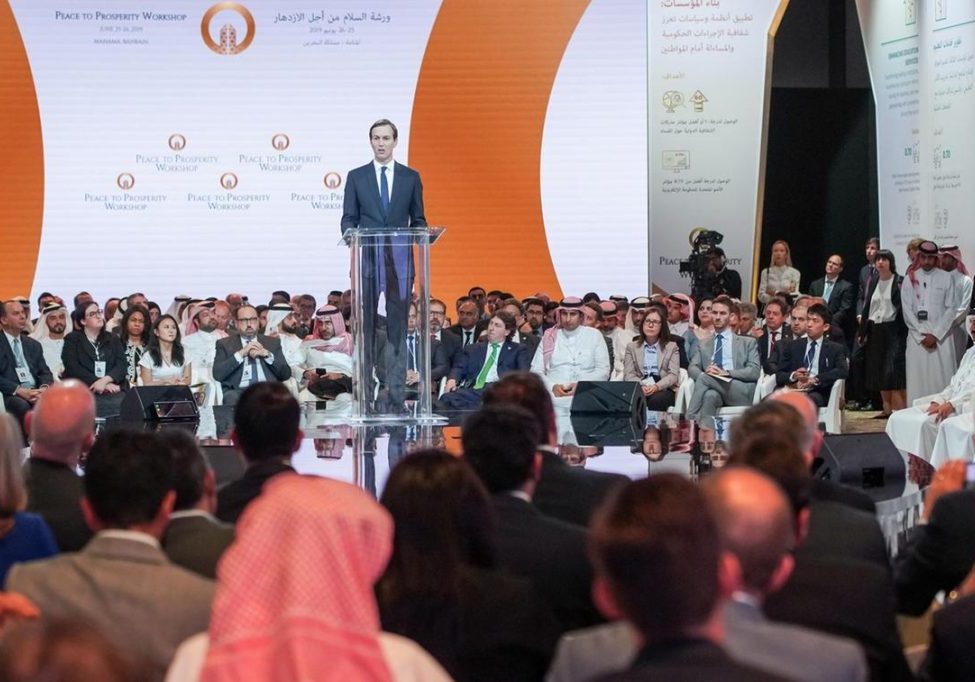 White House special advisor on Middle East peace Jared Kushner opening the "Peace to Prosperity Workshop" in Bahrain on Tuesday, which was intended to launch the first stage of the US Administration's Middle East peace plan. 