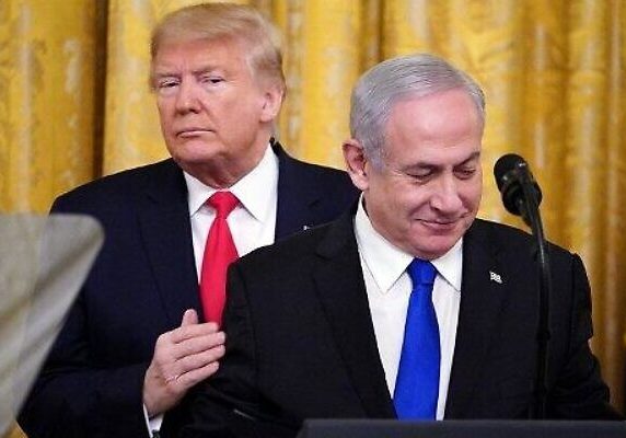 US MIDEAST TRUMP NETANYAHU US President Donald Trump, left, and Prime Minister Benjamin Netanyahu take part in an announcement of Trump's Middle East peace plan in the East Room of the White House in Washington, DC on January 28, 2020. (Mandel Ngan/AFP)