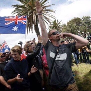 Far-right extremists at a rally in Melbourne in 2019. (Image: @cjwerleman)