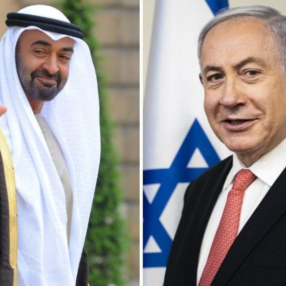 Abu Dhabi Crown Prince Mohammed bin Zayed, left, and Israeli Prime Minister Benjamin Netanyahu (AFP)