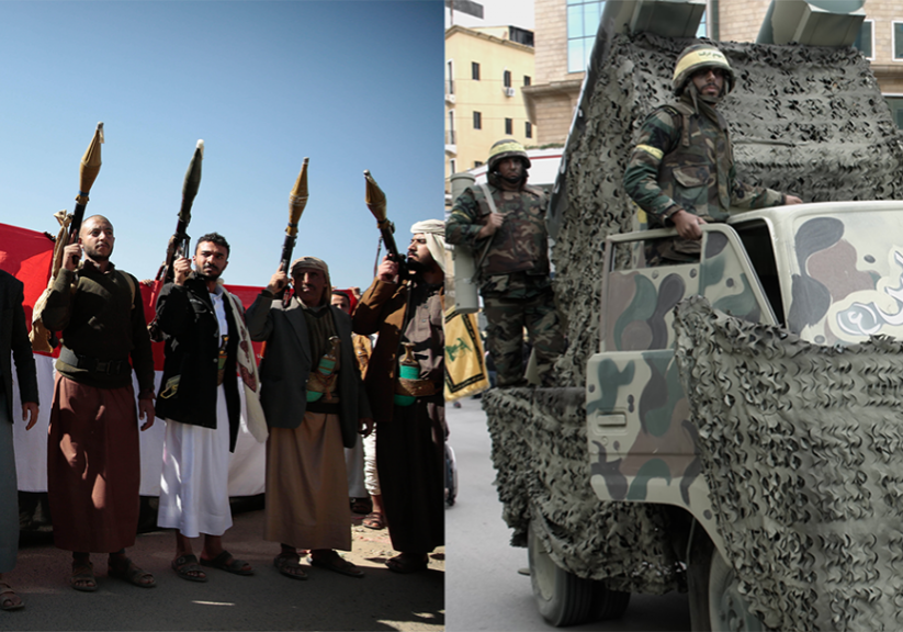 Houthi (left) and Hezbollah forces (Credits: Maad Ali/ZUMA Wire/Alamy Live News/Shutterstock)