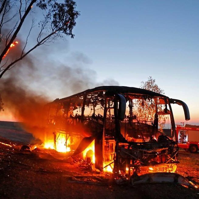 Israeli civilian bus destroyed by a Hamas anti-tank missile