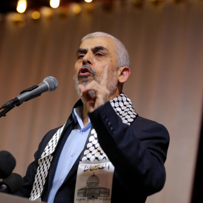 Hamas leader Yahya Sinwar speaks in Gaza city (Image: Abed Rahim Khatib/ Shutterstock)