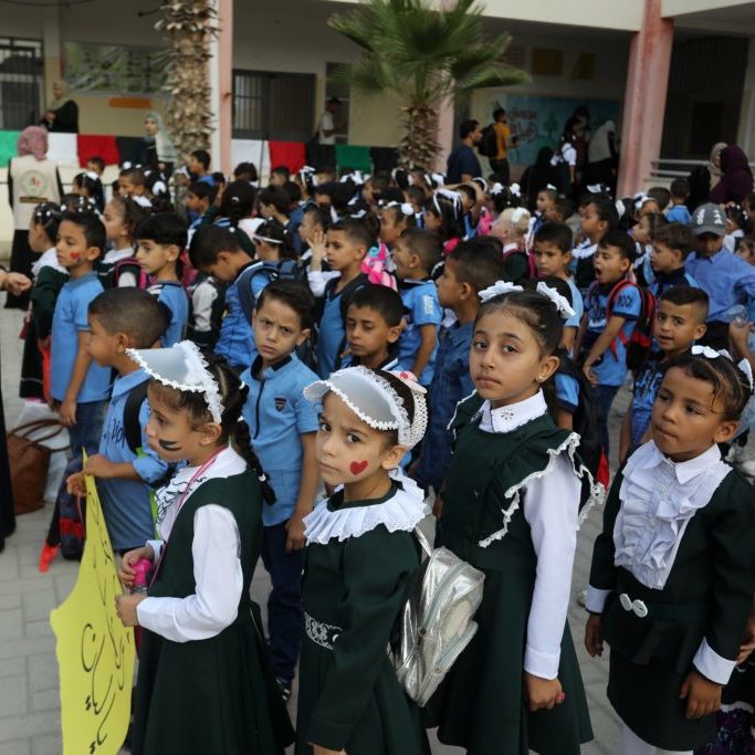 Palestinian students line up for class in Gaza (Image: Shutterstock)