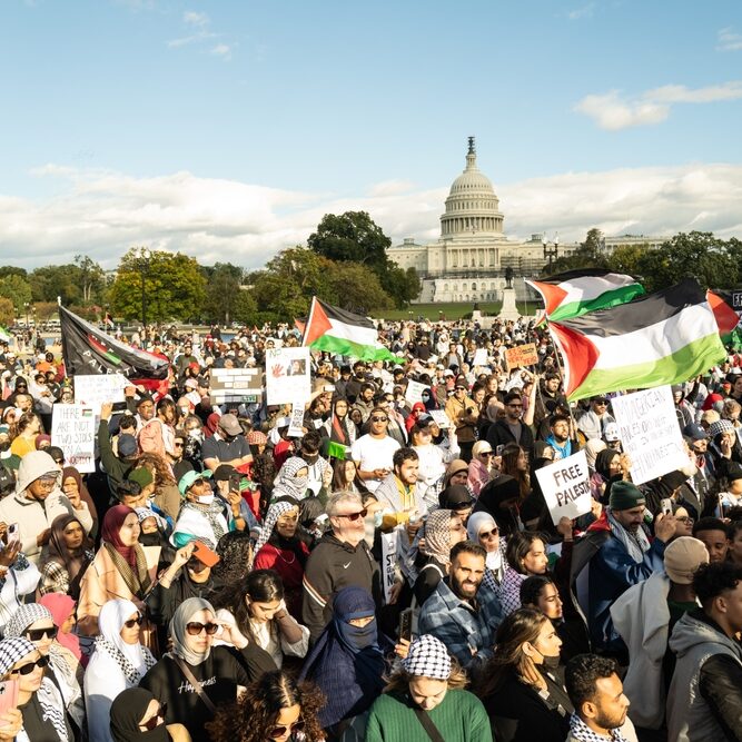 Large anti-Israel protest in Washington, DC, in October. No other issue turns out so many protestors so consistently and globally (image: Shutterstock/ Volodymyr Tverdokhlib)