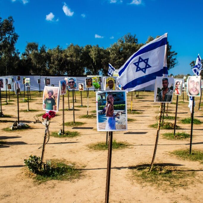 Memorial composed of photos of young Israelis killed during the terrorist attack on the NOVA Festival which took place on October 7, 2023 a few kilometers from Gaza (Image: Jose Hernandez/ Camera 51/ Shutterstock)