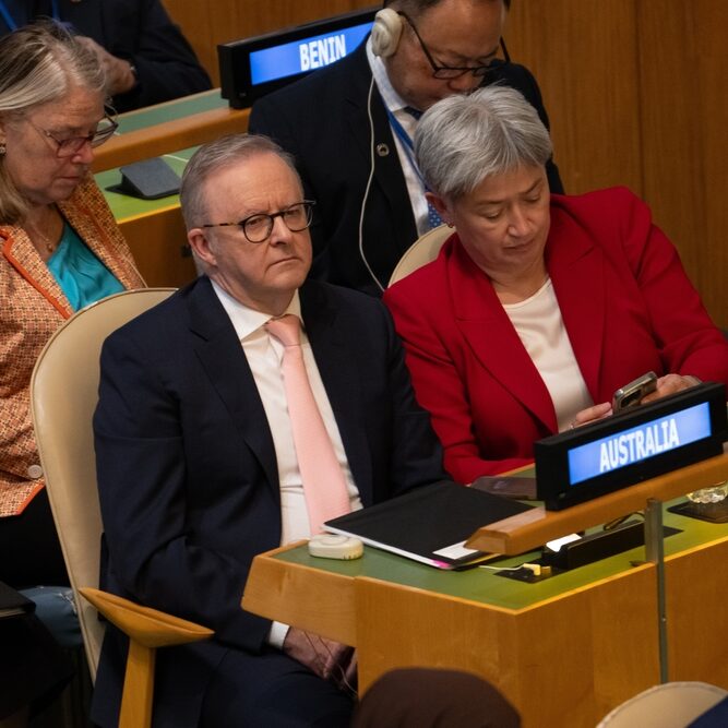 Prime Minister Anthony Albanese and Foreign Minister Penny Wong at the UN General Assembly in September 2025 for the “High-Level International Conference for the Peaceful Settlement of the Question of Palestine and the Implementation of the Two-State Solution” (Image: Noamgalai/ Shutterstock)