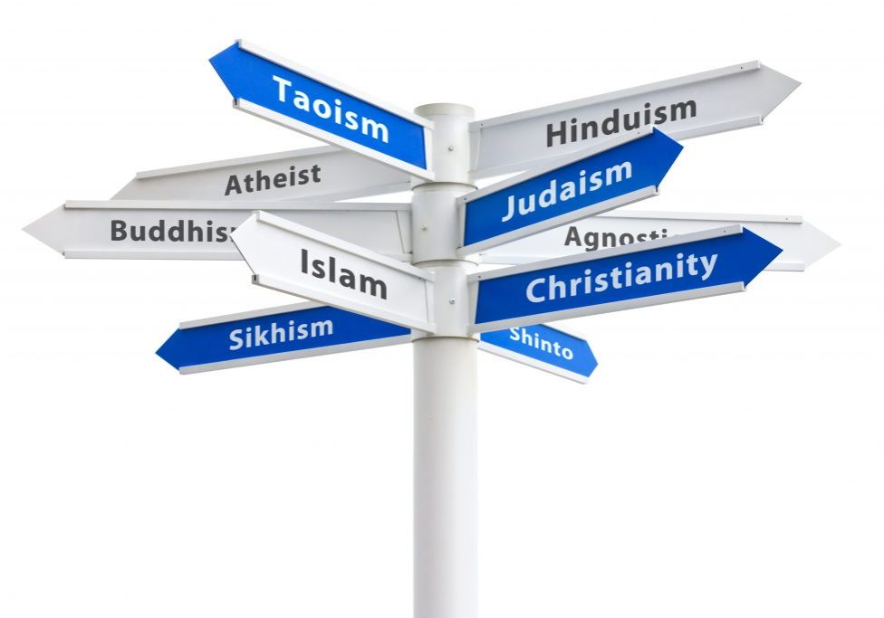 Major,Religions,Of,The,World,On,A,Crossroads,Sign.,Featuring: