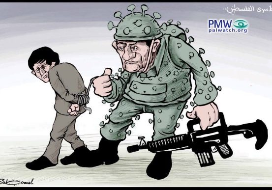 This cartoon with the caption “The Palestinian Prisoners” appeared in the official PA daily Al-Hayat Al-Jadida on March 23, 2020. It shows an Israeli jailor wearing a uniform and helmet covered in protrusions resembling the peplomers on the Coronavirus viral envelope (Source: Palestinian Media Watch)